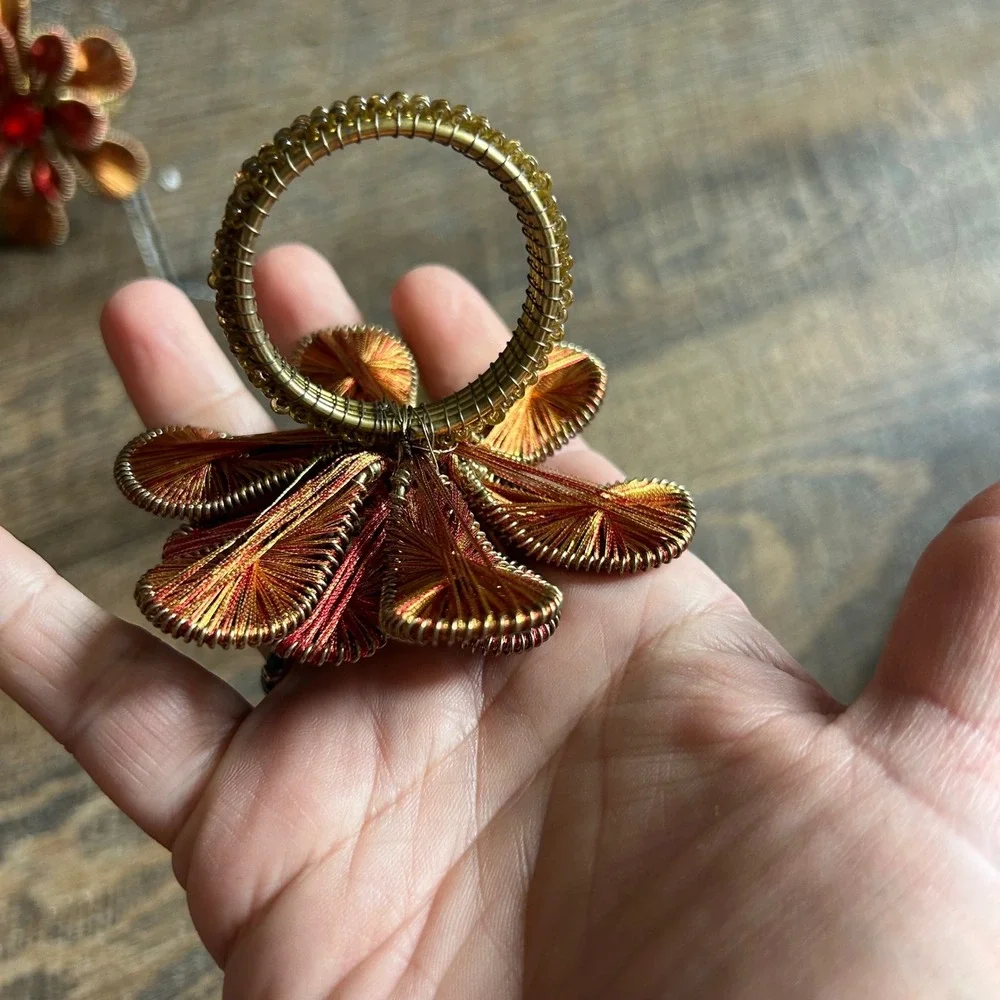 Pier 1 Imports Red Gold Beaded Flower Napkin Rings Set of 8‎ Jeweled Floral Boho
